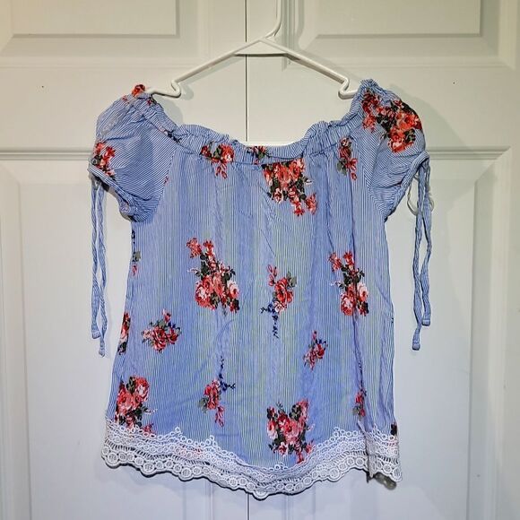 𝅺no Boundaries Off Shoulder Blue & White Striped and Floral Blouse - Picture 1 of 5